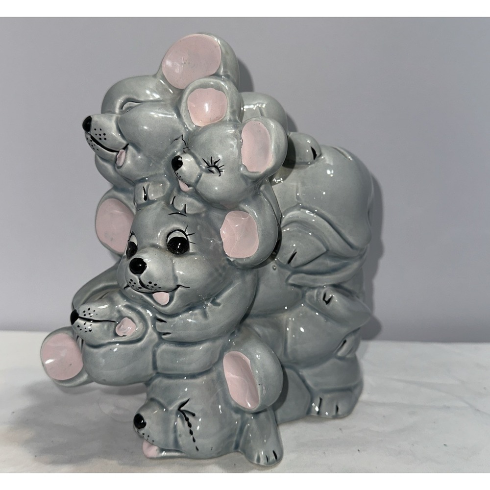 Vintage Ceramic Happy Mice Piggy Bank - Smiling Stacked Mice - 7.75"- With Cover
